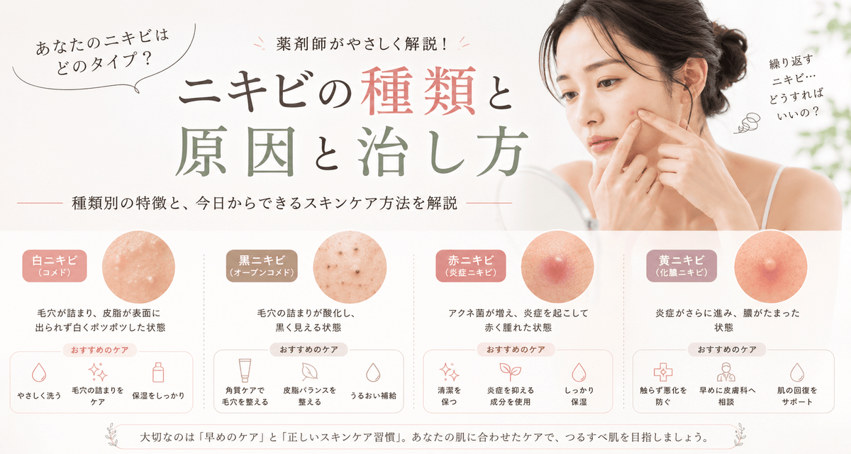 ニキビには種類があります。あなたのニキビはどのタイプ？薬剤師がやさしく解説する、ニキビの種類と毎日のスキンケア【前編】